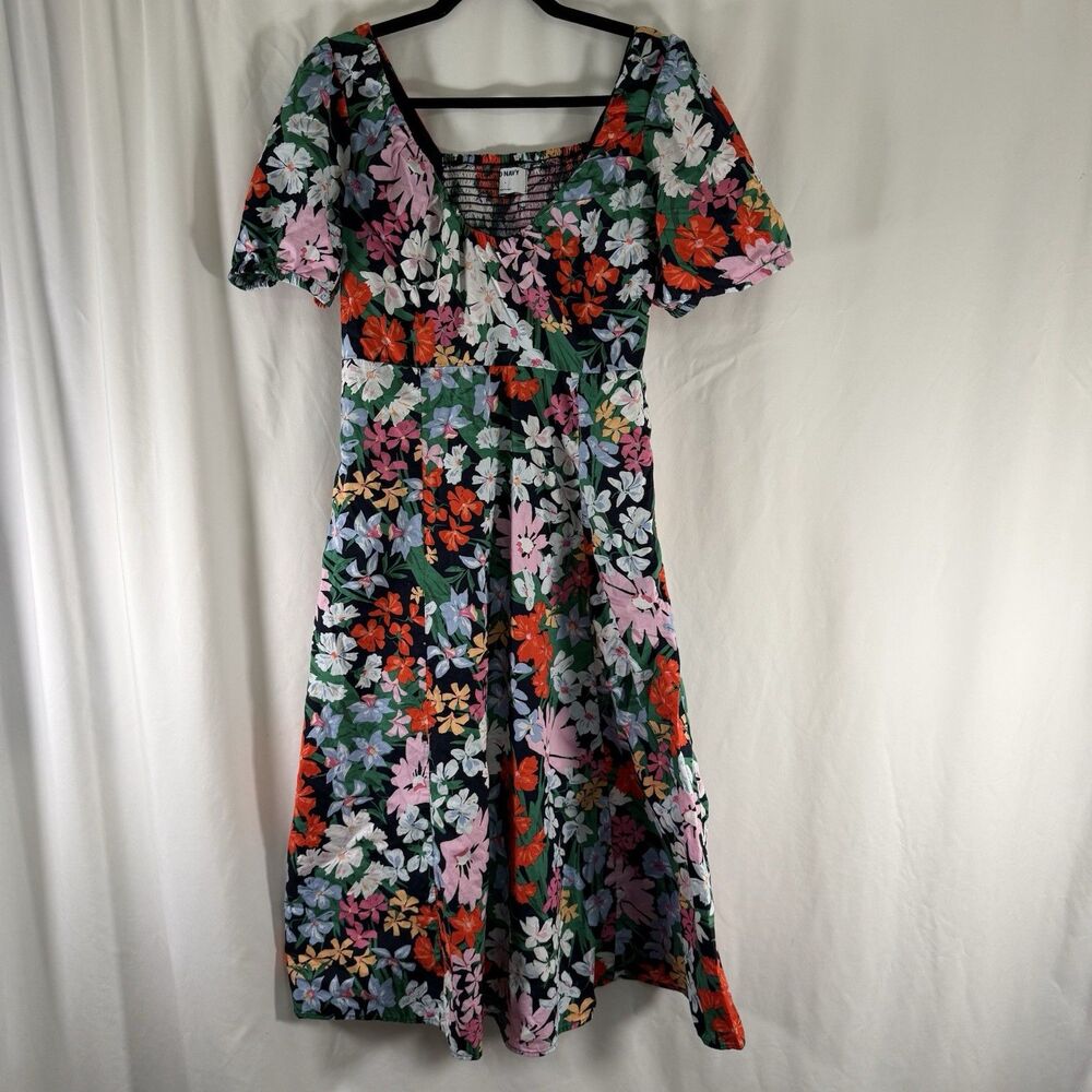 Old Navy Midi Dress Women's Large Blue Red Floral Short Sleeve Vneck Smocked